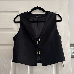 Black Linen Blend Sleeveless Vest with Beaded Ties